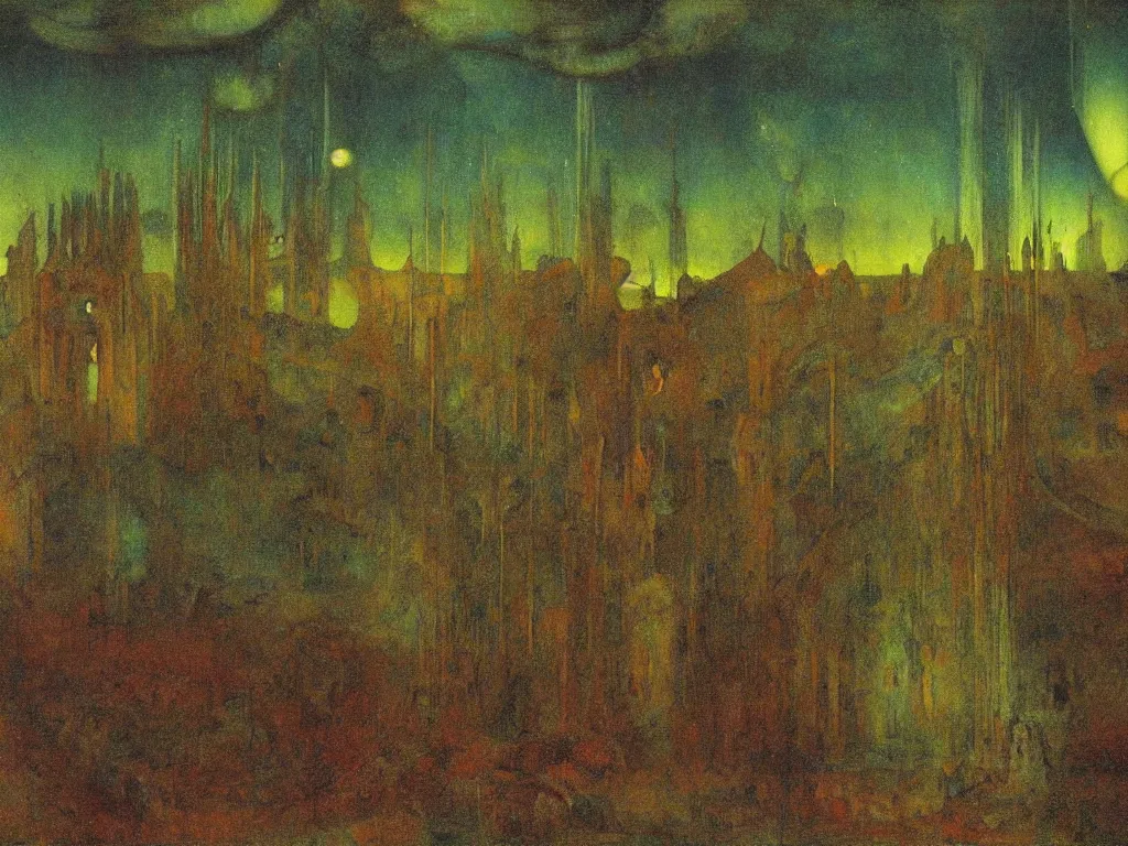 Prompt: painting by mikalojus konstantinas ciurlionis, bosch, arnold bocklin. island of the dead, aurora borealis