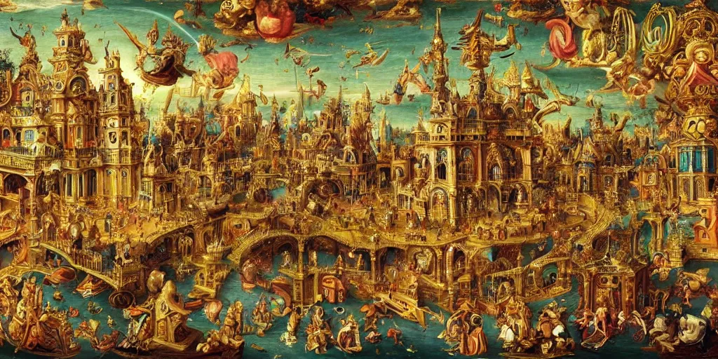 Prompt: beautiful!!!!! ornate heavenly!!!!!!!! gold rococo megastructure in the style of heironymus bosch, colorful intricate masterpiece, hyper detailed, hd