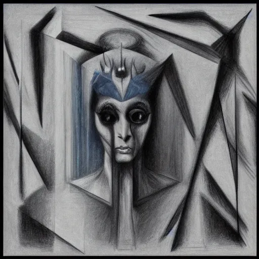 Image similar to Norma Desmond, pencil drawing. El Greco, Remedios Varo, Salvador Dali, Carl Gustav Carus, John Atkinson Grimshaw. Blue tint. Symetrical, logo, geometric shapes.