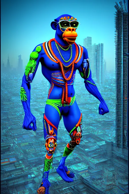 Image similar to high quality 3 d render stylized mischievous cyborg muscular man monkey blue hybrid, neon madhubani, highly detailed, cyberpunk!! mumbai in the background, unreal engine cinematic smooth, szukalski ravi varma, moody light, low angle, uhd 8 k, sharp focus