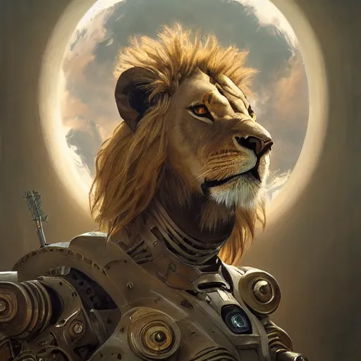 Image similar to portrait painting of a lion - headed cyborg with power armor, ultra realistic, concept art, intricate details, eerie, highly detailed, photorealistic, octane render, 8 k, unreal engine. art by artgerm and greg rutkowski and alphonse mucha