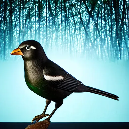 Prompt: a real life bird made out of crystal andextremely reflective metal, background is a green forest, studio lighting, award winning photo