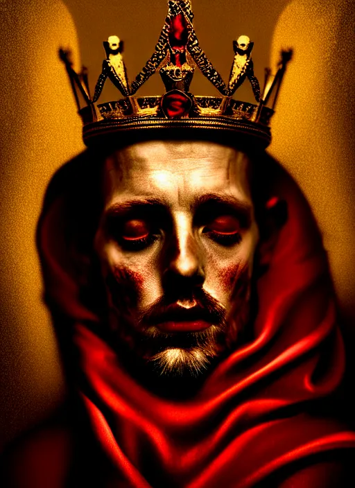 Image similar to 'Portrait of Crowned King Arthur' by Lee Jeffries royally decorated, whirling plasma, atmospheric motes, red and gold Sumptuous garb, gilt silk fabric, radiant colors, fantasy, perfect lighting, studio lit, micro details,