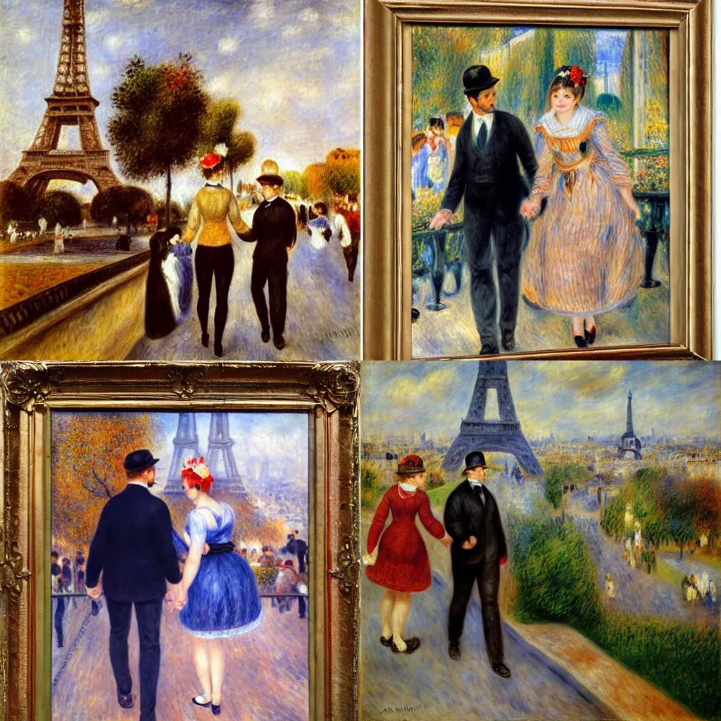 Prompt: Couple holding hands walking in the streets of Paris with view on the Eiffel tower, by Auguste Renoir, oil on canvas