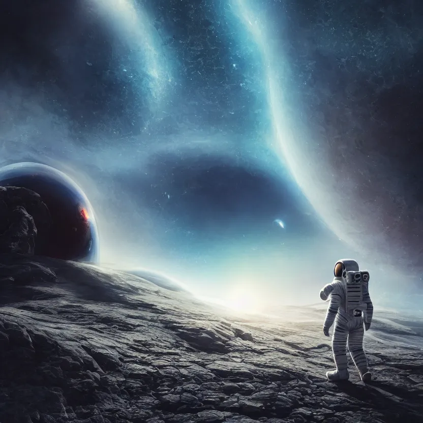 Prompt: a astronaut walking on a alien planet and looking to the absurdly giant black hole in the sky, digital art, concept art, trending on DeviantArt, trending on Artstation, high quality, 8K HDR, octane render, unreal engine 5, path tracing, breathtaking landscape, dramatic lighting, cinematic, highly detailed