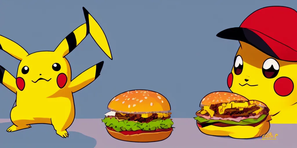 Image similar to Pikachu eating a hamburger, digital art, highly detailed, trending on artstation, 4k uhd, epic composition