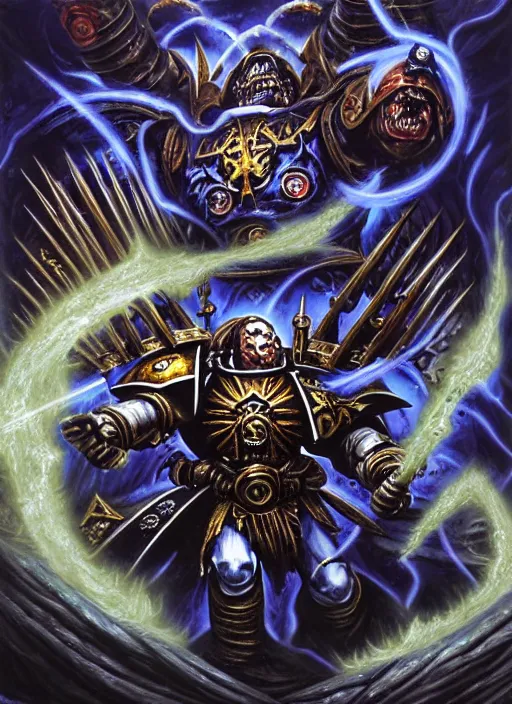 Image similar to space marine of tzeentch, evil warp energy, warp runes in air, warp lightning, screaming, intricate, warhammer, warhammer 4 0 k, highly detailed, digital painting, concept art, sharp focus, illustration, psychedelic, grim dark, moody, gloomy, art by john blanche, by pedro nunez, by jaime martinez, by nacho molina