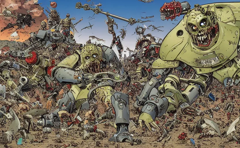 Prompt: a zombie vs mecha battle, art by geoff darrow, high quality, extremely detailed, wimmelbilder, - c 1 3. 0