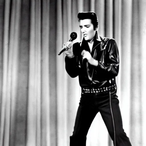 Image similar to a photo of elvis presley on stage performing with a brown paper bad over his head