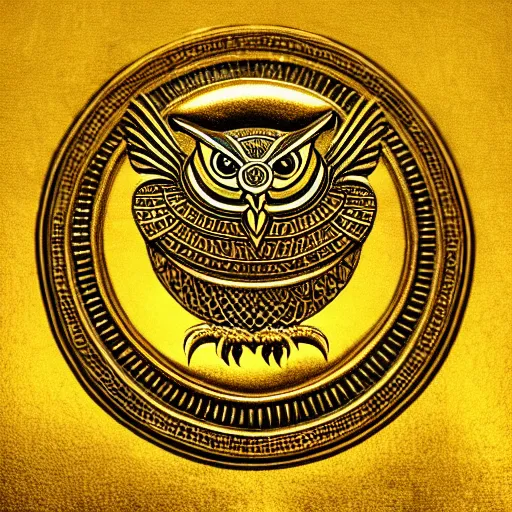 Image similar to owl symbol, worship like a god, egyptian, greece history, olympian god style, gold 2 4 k, uhd, hd, 8 k, history, god symbol, clean image, detailed