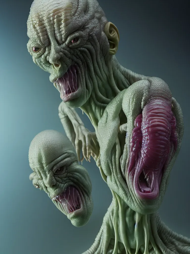 Image similar to hyperrealistic rendering, fat smooth cronenberg flesh monster transparent grey alien by donato giancola and greg rutkowski and wayne barlow and zdzisław beksinski, product photography, action figure, sofubi, studio lighting, colored gels, colored background