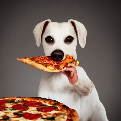 Image similar to detailed photo of a white jack russel eating pizza, various poses, full body, studio light, 8 k, photorealism, intricate detail, diffuse lighting