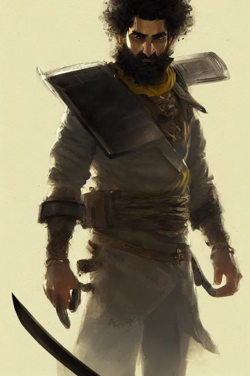 Image similar to Arab man light beard, curly hair, swordsman, modern, hero, yellow and charcoal leather, highly detailed, digital painting, artstation, concept art, sharp focus, illustration, by greg rutkowski