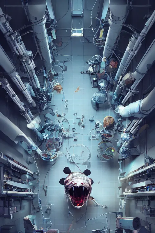 Image similar to top view of many mechanics in lab facility looking at bloody disney mouse head lifted by claw, made by beeple, cgsociety, artgerm, greg rutkowski, highly detailed intricate 4 k art, low light cinematic, octane render, unreal engine, smooth concept art