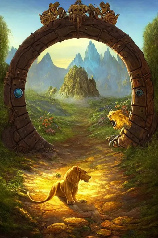 Image similar to A giant medieval fantasy energy portal gate with a rusty gold carved lion face with blue glowing eyes at the center of the gate, the portal takes you to another world, full of colorful flowers on the lost Vibes and mountains in the background, spring, delicate fog, sea breeze rises in the air, by andreas rocha and john howe, and Martin Johnson Heade, featured on artstation, featured on behance, golden ratio, ultrawide angle, f32, well composed, rule of thirds, center spotlight, low angle view