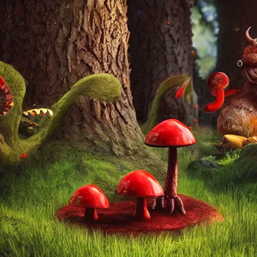 Prompt: a nature photo of a cute fury monster eating bugs for lunch while sitting on a red mushroom in the fantasy forest, extremely detailed, wide shot, sharp and detailed, Octane render