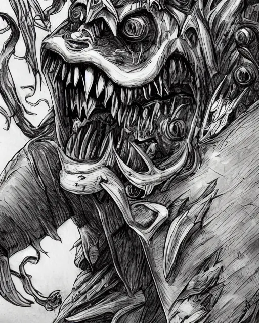Prompt: A crate with tongue and tooth, terrifying, black and white, fantasy art, monster art, in the style of masami kurumada, illustration, epic, fantasy, intricate, hyper detailed, artstation, concept art, smooth, sharp focus, ray tracing