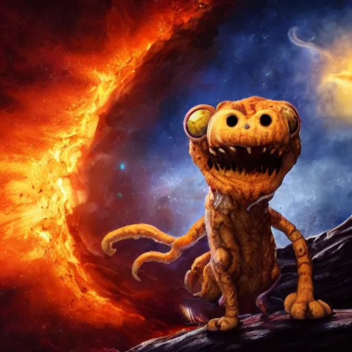 Image similar to eldritch horror bloody garfield in space, hd, 8 k, giant, epic, realistic photo, unreal engine, stars, prophecy, powerful, cinematic lighting, destroyed planet, debris, violent, sinister, ray tracing, dynamic, epic composition, dark, horrific, teeth, grotesque, monochrome drawing, hellscape