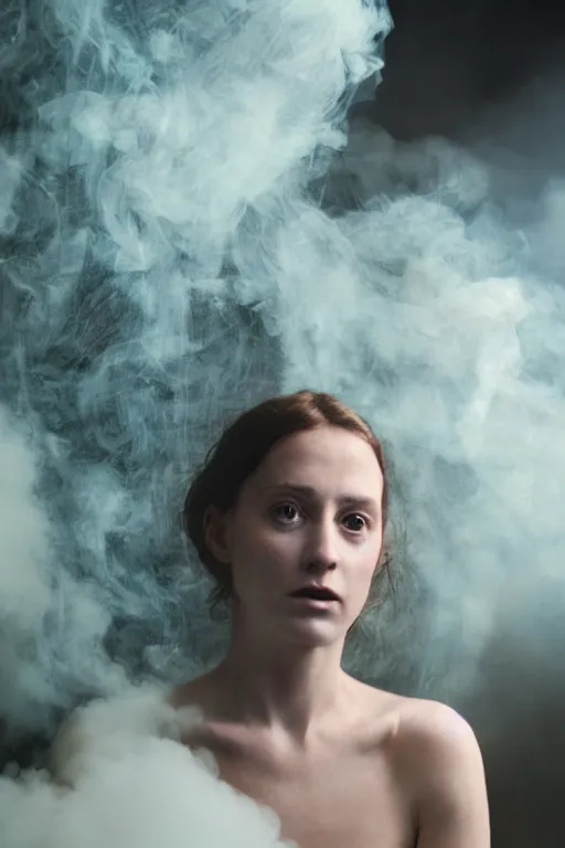 Prompt: 4k Detailed portrait by Gregory Crewdson of A woman shrouded in a cloud of smoke