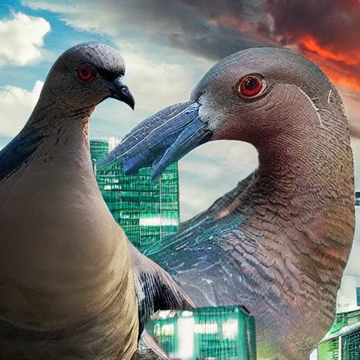 Image similar to Stunning Hyperealistic portrait of a pigeon as Godzilla destroying Sydney city