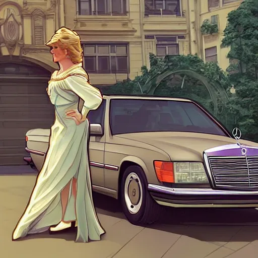 Prompt: Princess Diana standing next to a Mercedes-Benz W140, highly detailed, digital painting, artstation, concept art, smooth, sharp focus, illustration, art by artgerm and alphonse mucha, high definition digital art, in the style of Ross tran and ilya kuvshinov