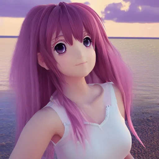 Image similar to Render of a cute 3d anime girl, long pink hair, full bangs, hazel eyes, cute freckles, full round face, soft smile, cute sundress, golden hour, serene beach setting, medium shot, mid-shot, hyperdetailed, trending on Artstation, Unreal Engine 4k