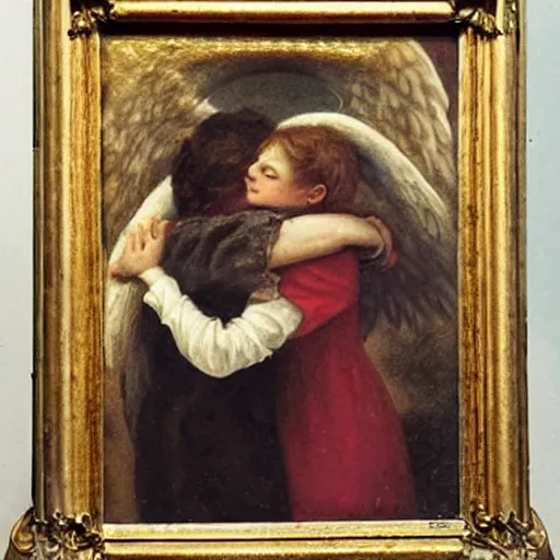 Image similar to 2 angels hugging, victorian painting