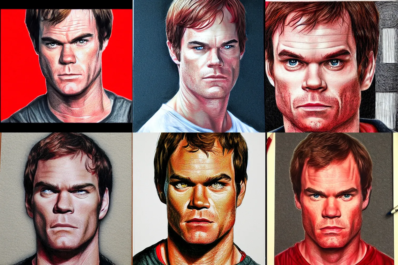 Prompt: dexter morgan portraiture, colored pencil, highly detailed, red and black