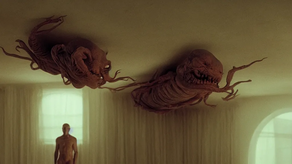 Image similar to a strange creature crawls on the living room ceiling, film still from the movie directed by Denis Villeneuve with art direction by Zdzisław Beksiński, wide lens
