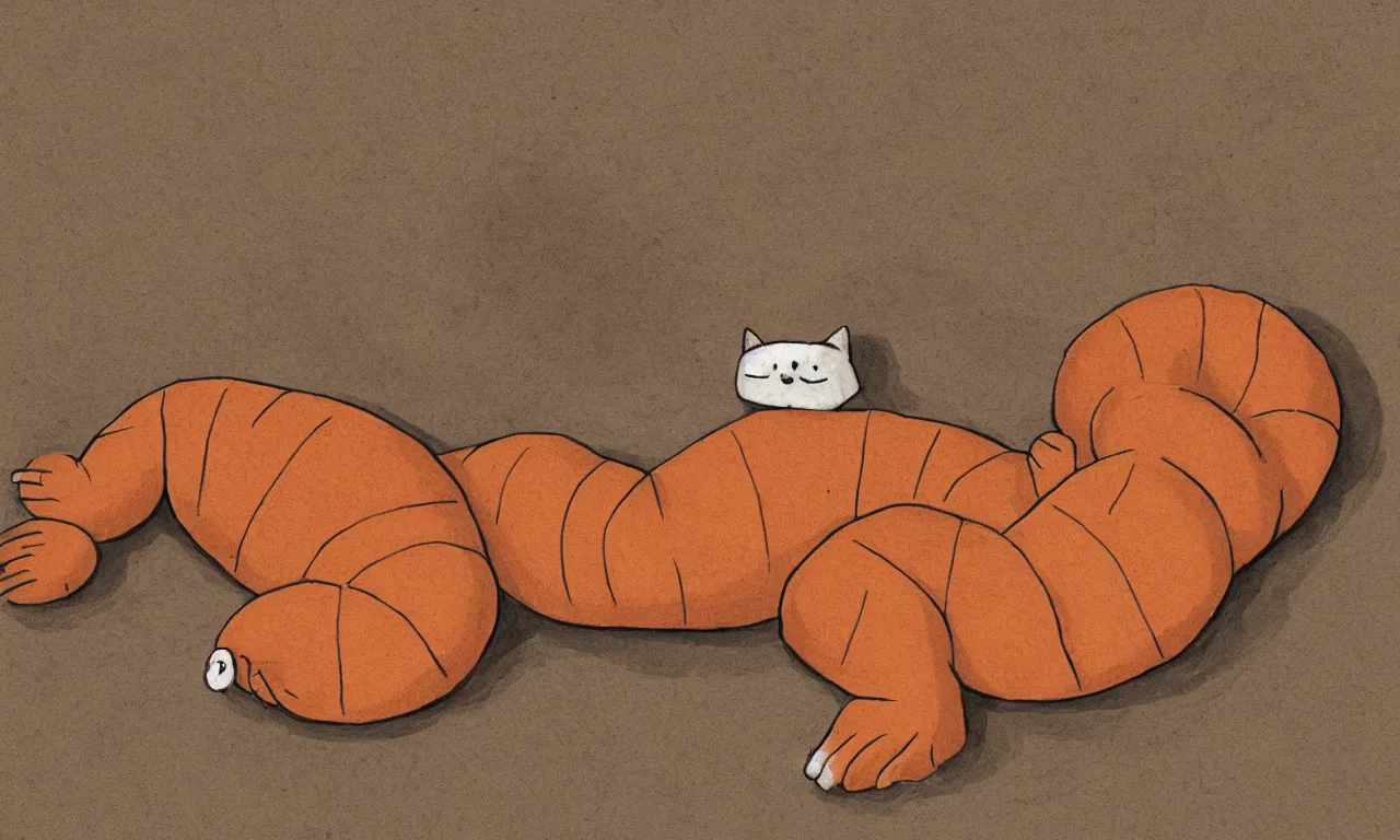 Prompt: the fat cute centipede cat god sleeping on black table