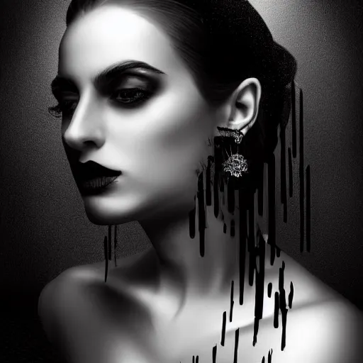 Prompt: digital art painting portrait of elegant gothic lady with earrings, black and white, black colours, hard edges, high quality, dripping, textured, caestrad, dark background, mystic, perfect lighting, high contrast, arstation, artgerm, wlop, 4 k