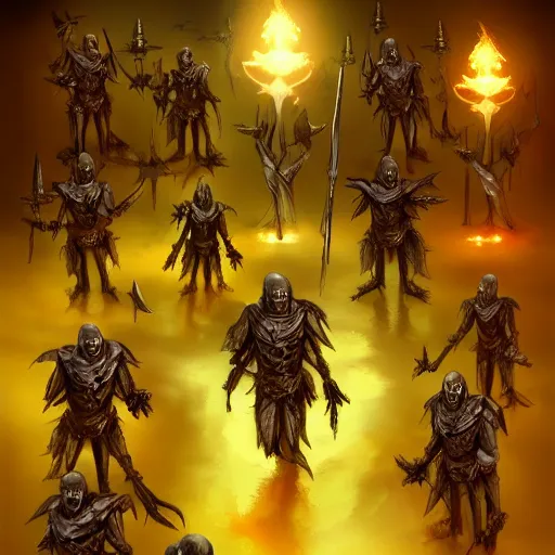 Prompt: An army of evil skeletons are bathed in holy light. Dark Fantasy. Dungeons and Dragons. Artstation.