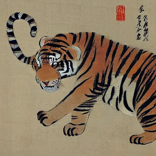 Prompt: a mighty tiger on a wood splashing water, Chinese Art