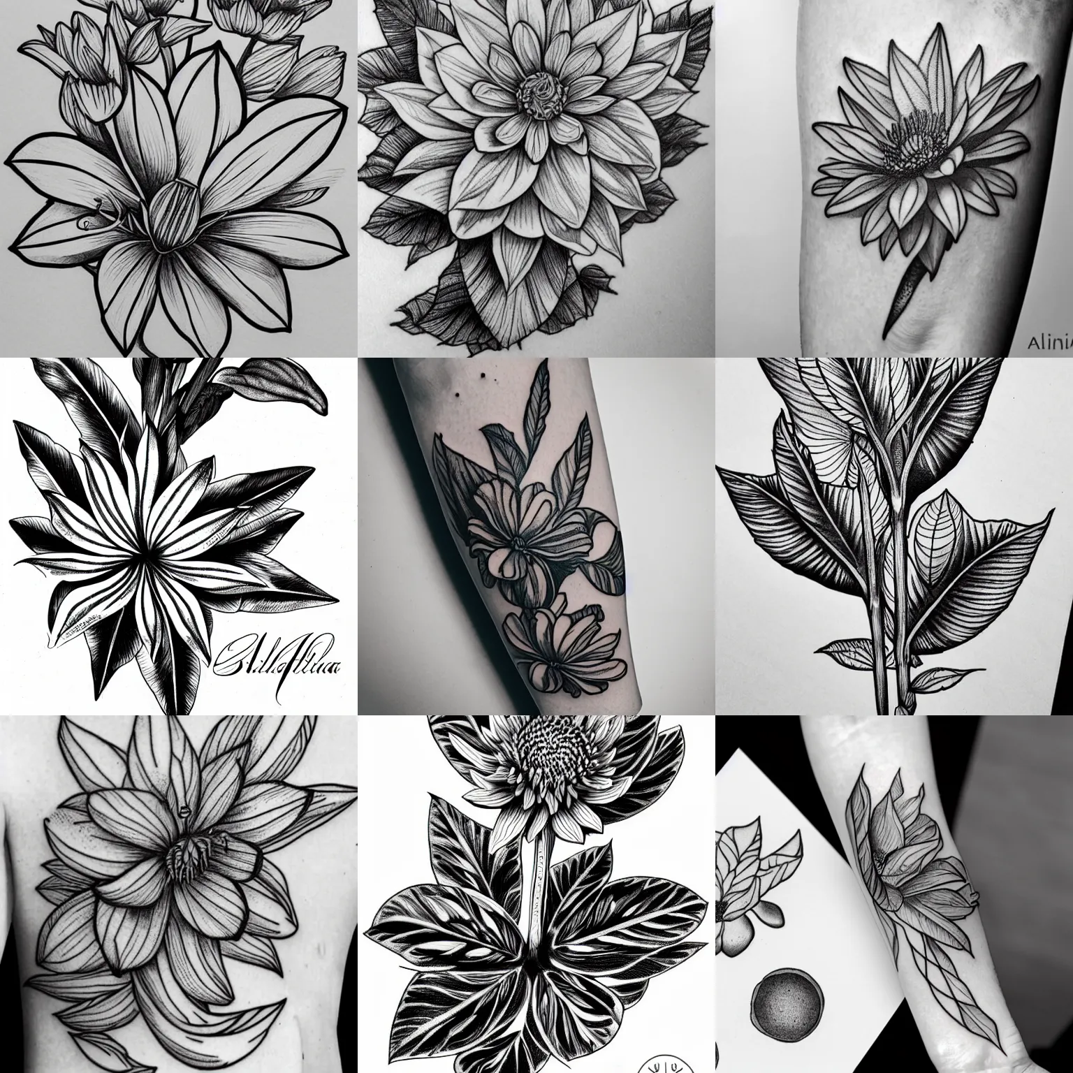 Prompt: detailed black and white botanical illustration, stella alpina flower, tattoo design