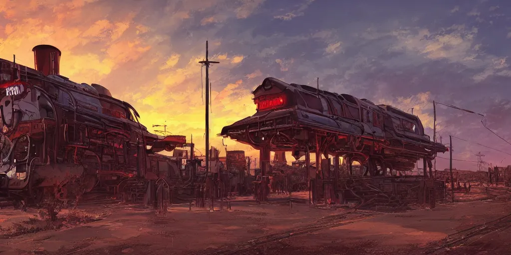 Image similar to train station roadside old west saloon cyber punk post apocalyptic cactus graveyard sunset sky clouds illustration by syd mead artstation 4 k 8 k graphic novel concept art matte painting