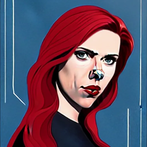 Image similar to phil noto, pretty scarlett johansson black widow, symmetrical eyes, long red hair, full body, city rooftop