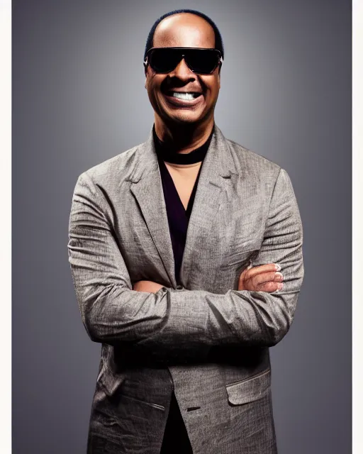 Image similar to Fully-clothed full-body portrait of Stevie Wonder, XF IQ4, 50mm, F1.4, studio lighting, black background, professional, 8K