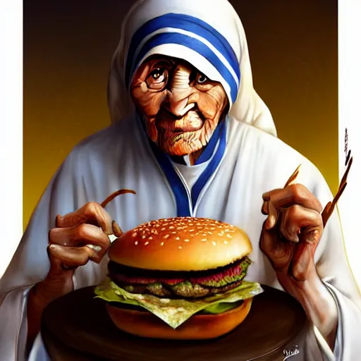 Prompt: portrait of mother teresa eating hamburgers, extra onions and ketchup, luscious patty with sesame seeds, feminine ethereal, handsome, d & d, fantasy, intricate, elegant, highly detailed, digital painting, artstation, concept art, matte, sharp focus, illustration, art by artgerm and greg rutkowski and alphonse mucha