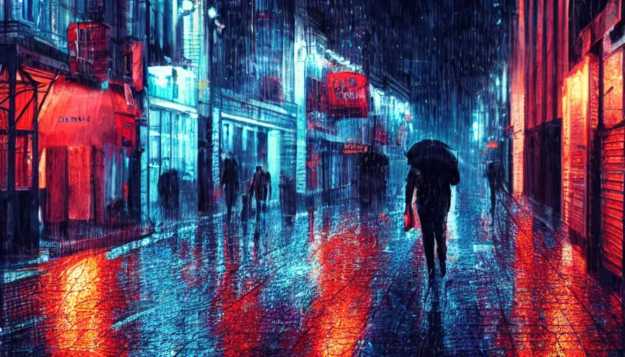 Prompt: guy walking under rain in brussels by night, neon lights, hyperdetailed, artstation, cgsociety, 8 k