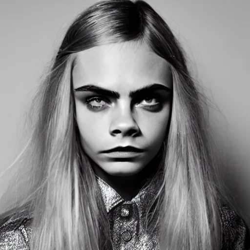 Prompt: photo of a gorgeous 20-year-old Cara Delevingne 1970s nerdy hairstyle by Mario Testino, detailed, head shot, award winning, Sony a7R -