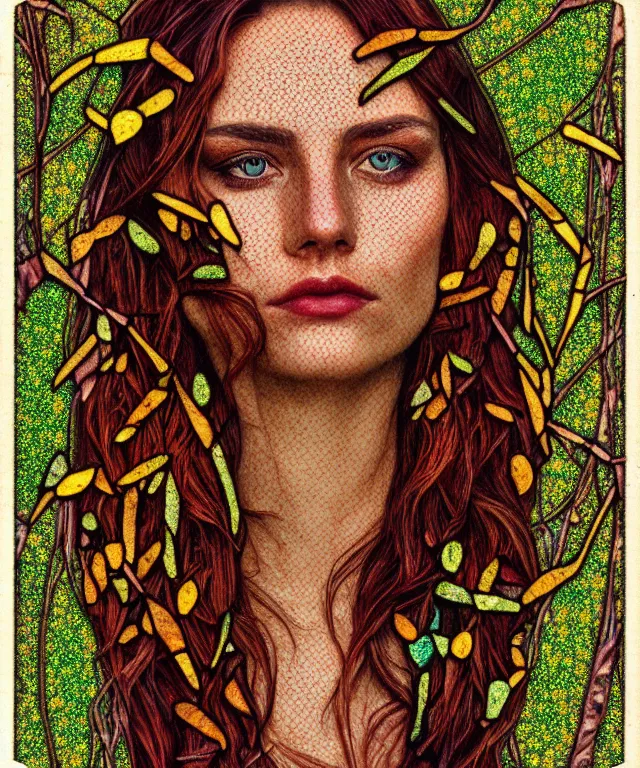 Prompt: a striking!! detailed! portrait of a woman with hazel eyes, shards of the afternoon falling down like broken stained glass, dead autumn leaves, hyperrealistic art nouveau, neural pointillism, earth tones, natural light, expired film stock, polaroid palette