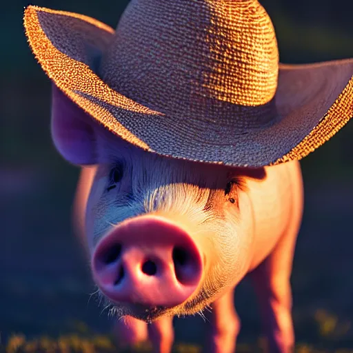 Prompt: a pig wearing a straw hat at blue hour, twilight, cool, award winning 4 k photo, twilight cool light