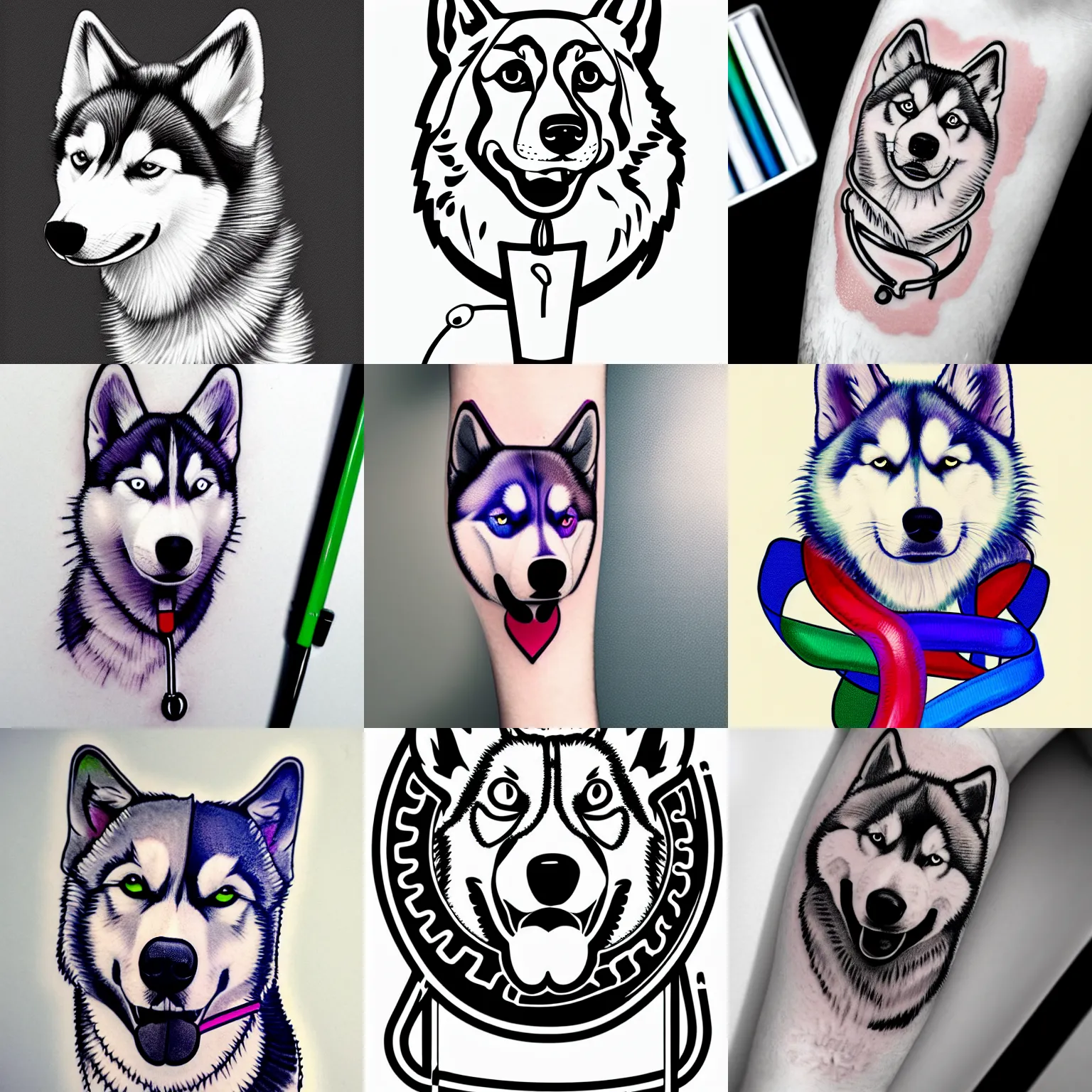Prompt: colored husky wearing a stethoscope tattoo concept art, line art, 4 k hd, realistic, simplistic
