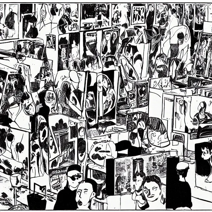 Image similar to a still frame from comic strip a visitors in a contemporary art gallery 1 9 9 0, new yorker illustration, monochrome contrast bw, lineart, manga