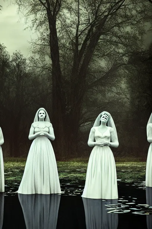 Prompt: 4 ghostly brides standing in a pond, cinematic, horror, photorealistic, vintage, unsettling