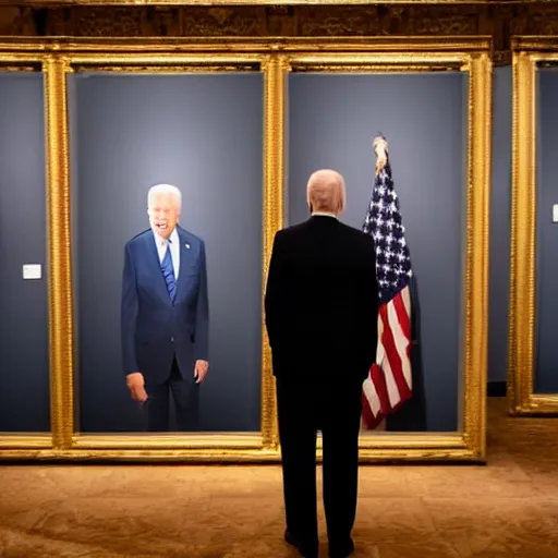 Prompt: biden watching a trump exhibition in a museum, studio lighting, photography, highly detailed, 4 k