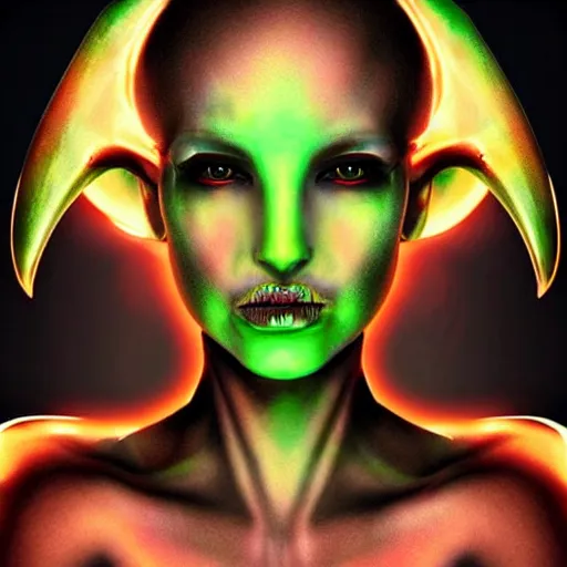 Image similar to realistic female alien, medium shot portrait, devil horns,,!!!!! human eyes!!!!!!, green body. red eyes, background flames