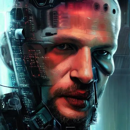 Image similar to tom hardy, cyborg, hacker, cyberpunk, neuromancer, wintermute, system shock 2, ghost in the shell, painted by seb mckinnon, high detail, dramatic light, digital art, painted by greg rutkowski, promotional movie posterart, trending on artstation