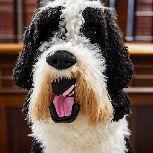 Image similar to a closeup photorealistic photograph of a cute smiling knitted bernedoodle judge dog dressed in a black gown, presiding over the courthouse. indoors, professional capture, well lit shot. this 4 k hd image is trending on artstation, featured on behance, well - rendered, extra crisp, features intricate detail, epic composition and the style of unreal engine.