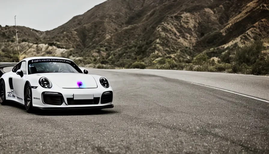 Image similar to photograph, PORSCHE RSR, IROC, Peter Singhof, press release, cinematic, malibu canyon, 8k, depth of field, bokeh. rule of thirds,